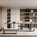 Modern Tea Room Interior Design With Bookshelves Tea Sets Table And Plants