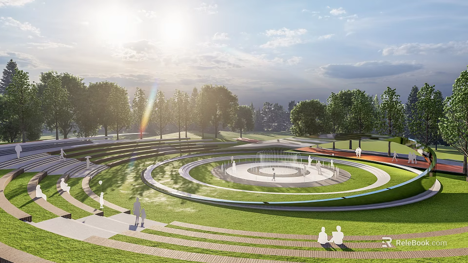 Sunny Outdoor Football Stadium with Circular Tiered Stands Central Pitch Green Trees and People Walking 3d model 