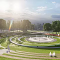 Sunny Outdoor Football Stadium with Circular Tiered Stands Central Pitch Green Trees and People Walking