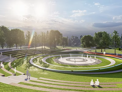 Sunny Outdoor Football Stadium with Circular Tiered Stands Central Pitch Green Trees and People Walking 3d model