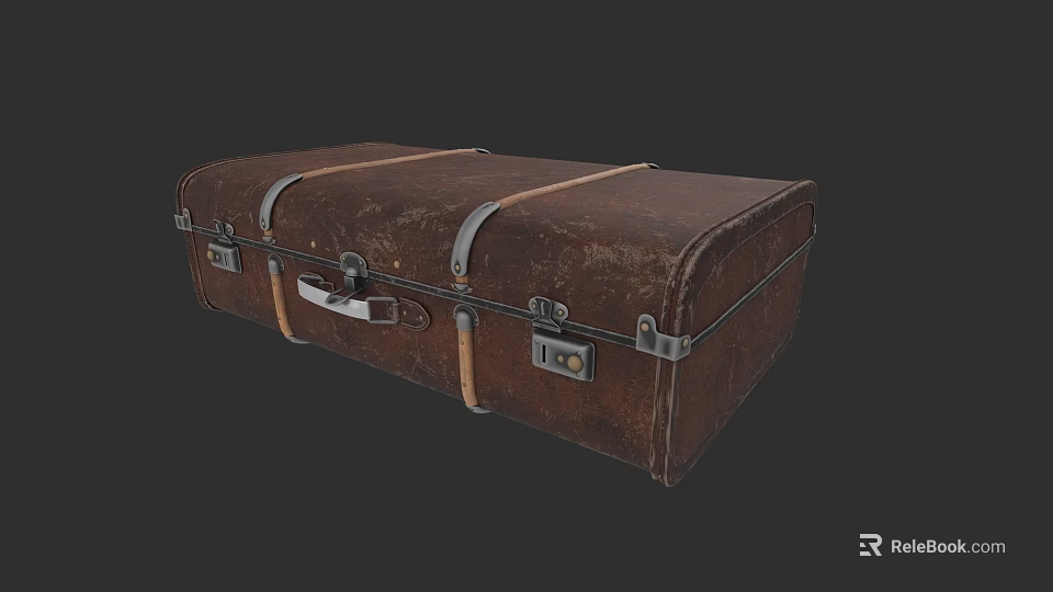 Vintage Brown Leather Suitcase With Metal Buckles And Leather Straps 3d model 