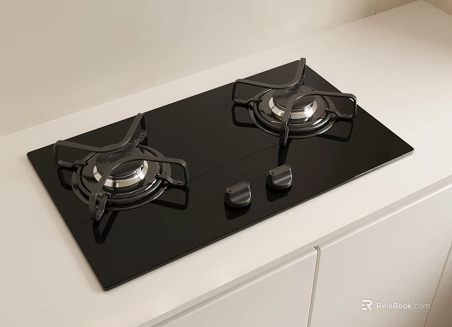 Black Gas Stove Top With Two Burners And Control Knobs 3d model