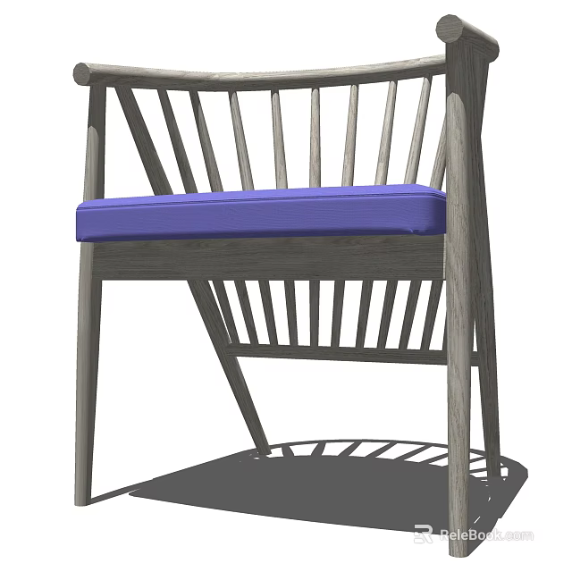 Modern Wooden Armchair With Slat Back Design And Blue Comfortable Cushion 3d model 