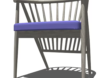 Modern Wooden Armchair With Slat Back Design And Blue Comfortable Cushion 3d model