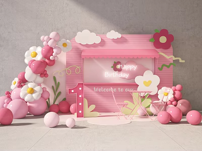 Pink First Birthday Party Decoration With Balloons Flowers And Cloud Backdrop 3d model