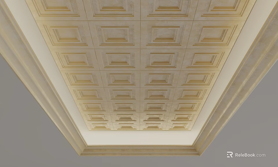 Plaster Ceiling Design With Square Recessed Patterns And Ornate Trim 3d model