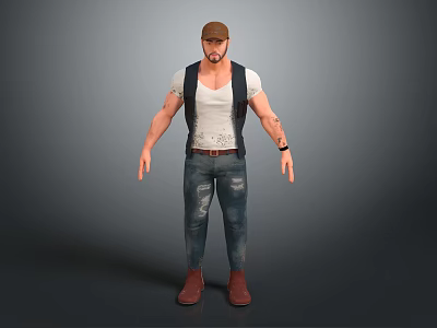 Muscular Man Wearing Brown Cap White Tank Top Denim Jeans And Boots 3d model