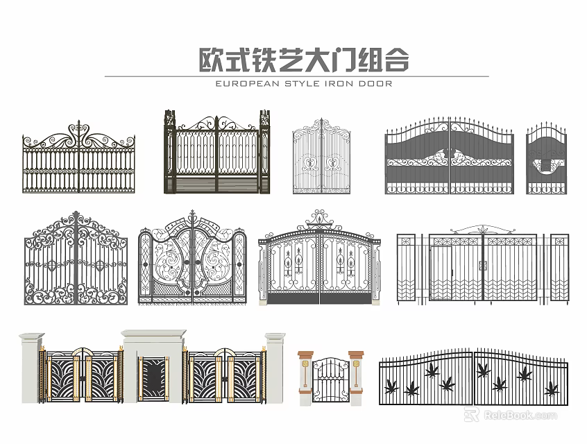 European Style Iron Gates With Decorative Designs And Classic Patterns Assortment 3d model 