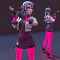 Three Angles Of 3D Character With Blue Green Hair And Purple Outfit In Dynamic Poses