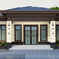 Symmetrical Single Family House Exterior With Dark Roof Beige Walls Large Windows And Front Steps
