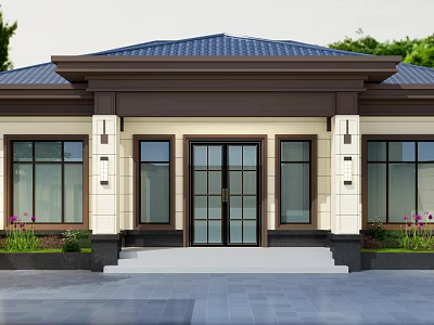 Symmetrical Single Family House Exterior With Dark Roof Beige Walls Large Windows And Front Steps 3d model