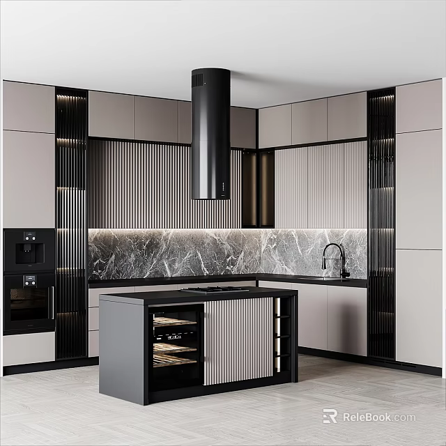 Modern Kitchen Interior Design With Cabinets Island Marble Countertop And Wine Rack 3d model 