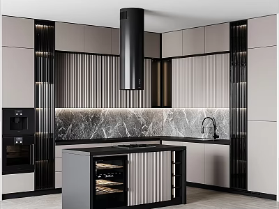 Modern Kitchen Interior Design With Cabinets Island Marble Countertop And Wine Rack 3d model