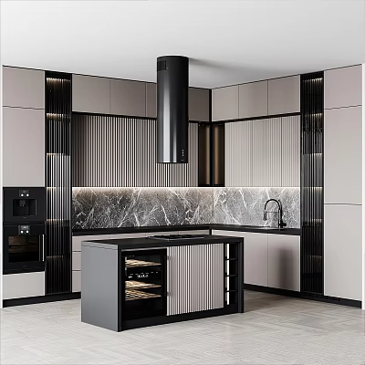 Modern Kitchen Interior Design With Cabinets Island Marble Countertop And Wine Rack 3d model
