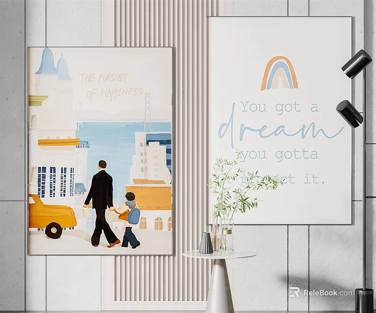 Wall Art Decor With Father And Son Walking City Buildings Rainbow Quote And Vase Plants 3d model 