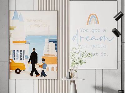 Wall Art Decor With Father And Son Walking City Buildings Rainbow Quote And Vase Plants 3d model