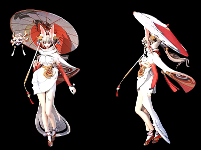 Anime Style Game And Movie Character With Fox Ears Holding Red White Umbrella Flowing Skirt 3d model