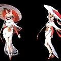 Anime Style Game And Movie Character With Fox Ears Holding Red White Umbrella Flowing Skirt