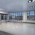 Modern Station Waiting Hall With Blue Seats Large Windows And Display Screen