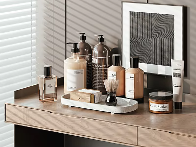 Assorted Daily Care Products On Wooden Vanity With Soap Brush And Lotion Bottles 3d model