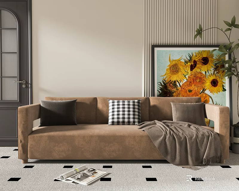 Brown Double Sofa with Black Checkered Pillows Gray Blanket Sunflower Painting and Checkered Floor 3d model 