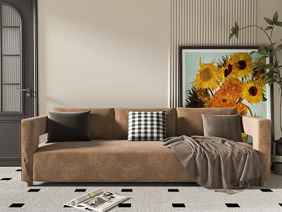 Brown Double Sofa with Black Checkered Pillows Gray Blanket Sunflower Painting and Checkered Floor 3d model