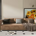 Brown Double Sofa with Black Checkered Pillows Gray Blanket Sunflower Painting and Checkered Floor
