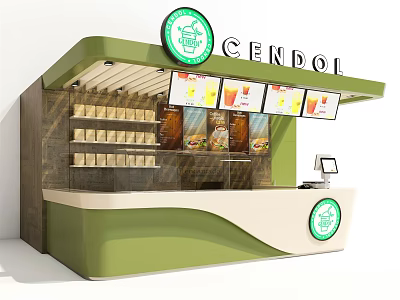 Cendol Bubble Tea Shop With Green Beige Exterior Round Logo Menu Boards And Counter 3d model
