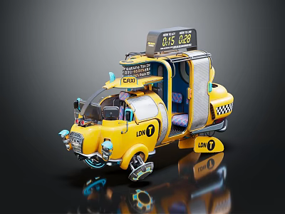 Yellow Taxi With Roof Display 615 And 825 TAXI Sign Decorative Lights Cartoonish Futuristic Design 3d model