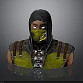 A Man In Hooded Green Outfit With Yellow Mask Brown Straps And Metal Accents