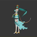 Anime Character Wearing Blue Costume With Cat Ears Flowing Ribbons And Yellow Decorations