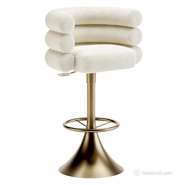 Modern White Bar Stool With Fluffy Upholstery And Golden Metal Swivel Base 3d model 