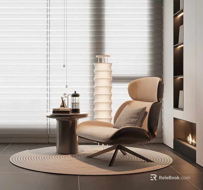 Stylish Accent Chair In Modern Living Room With Round Rug Side Table And Floor Lamp 3d model 