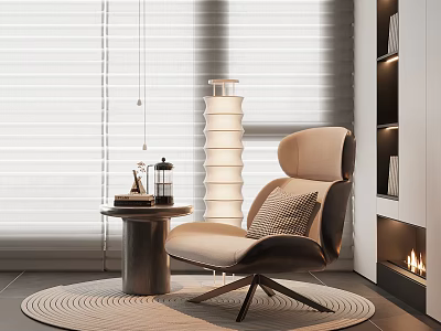 Stylish Accent Chair In Modern Living Room With Round Rug Side Table And Floor Lamp 3d model