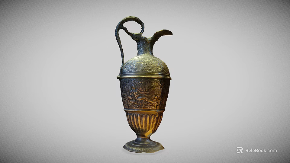 Ancient Bronze Wine Bottle With Intricate Carvings Curved Handle And Fluted Base Design 3d model 