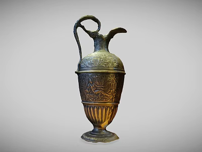Ancient Bronze Wine Bottle With Intricate Carvings Curved Handle And Fluted Base Design 3d model