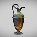 Ancient Bronze Wine Bottle With Intricate Carvings Curved Handle And Fluted Base Design