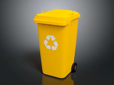 Yellow Recycling Trash Bin With White Recycle Symbol And Wheels 3d model