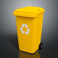 Yellow Recycling Trash Bin With White Recycle Symbol And Wheels