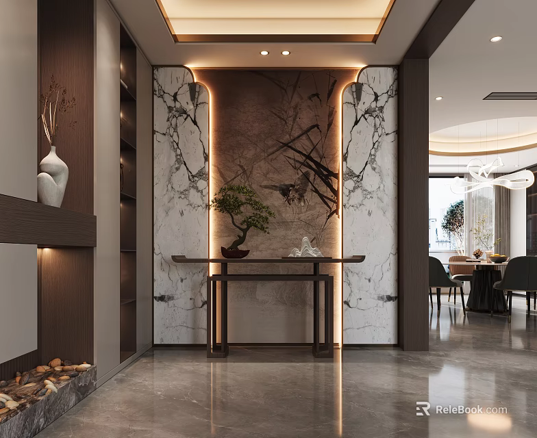 Modern Foyer Hallway With Marble Wall Console Table And Plant 3d model