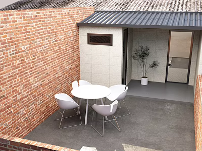 Cozy Garden with Red Brick Walls White Round Table Chairs Potted Plant and Gray Floor 3d model