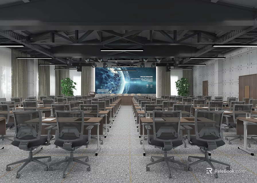 Modern Conference Room Interior With Large Projection Screen Arranged Tables And Green Plants 3d model 