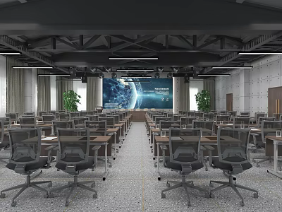 Modern Conference Room Interior With Large Projection Screen Arranged Tables And Green Plants 3d model