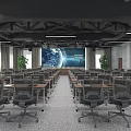Modern Conference Room Interior With Large Projection Screen Arranged Tables And Green Plants