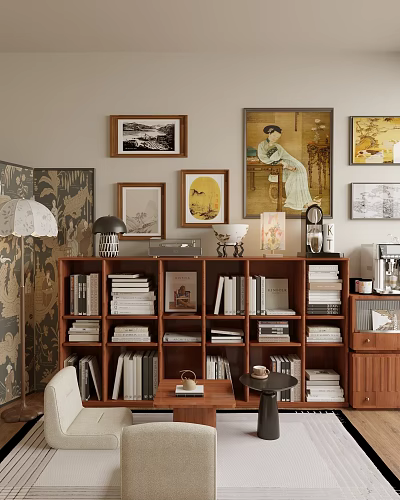 Stylish Home Study Room With Wooden Bookshelf Stacked Books Framed Paintings And Coffee Machine 3d model