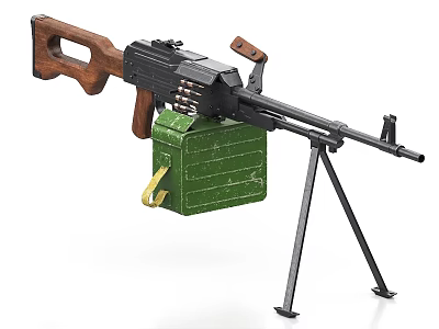 Classic Machine Gun With Wooden Stock Black Barrel Green Ammunition Box And Tripod Stand 3d model