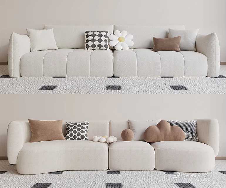 Light Beige Sectional Sofa With Patterned Cushions Cloud Shaped Pillows And Small Round Decorations 3d model 