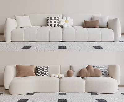 Light Beige Sectional Sofa With Patterned Cushions Cloud Shaped Pillows And Small Round Decorations 3d model