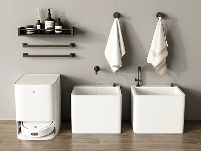 Modern Bathroom With White Sinks Towels Shelf And Smart Toilet 3d model