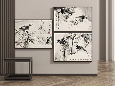 Traditional Chinese Ink Paintings With Birds And Plants On Living Room Wall With Wooden Stool 3d model